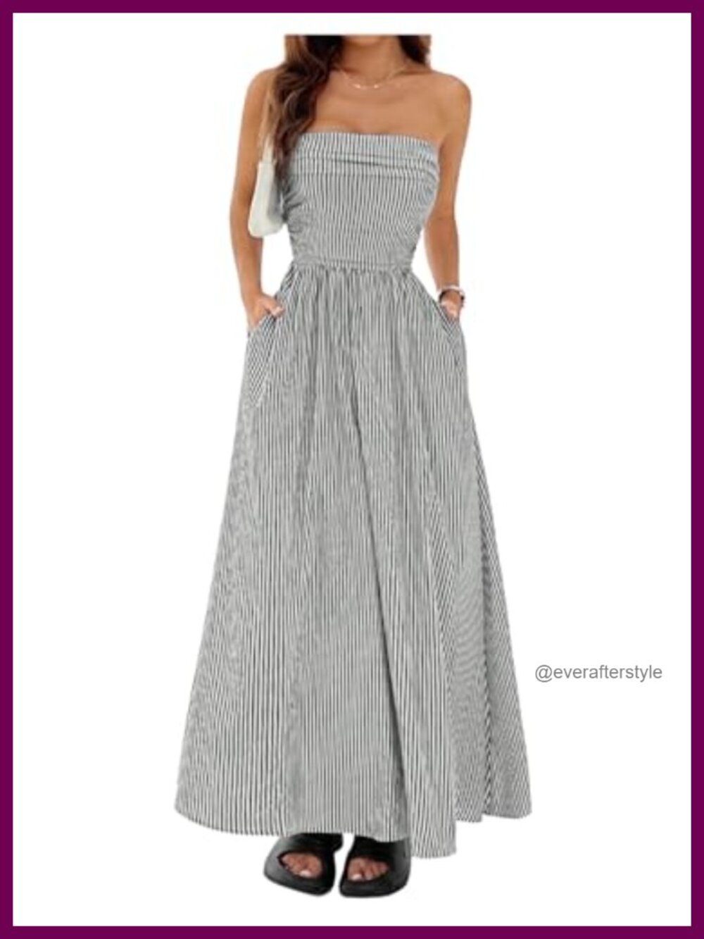 Striped Strapless Maxi Dress Sleeveless Smocked Waist Side Pockets